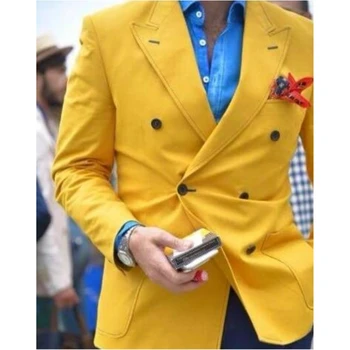 האחרון המעיל עיצובים צהוב מלא חליפות גברים Slim Fit רשמית תפורים החתן בלייזר מכנסי תלבושת כפול עם חזה ז ' קט+מכנסיים